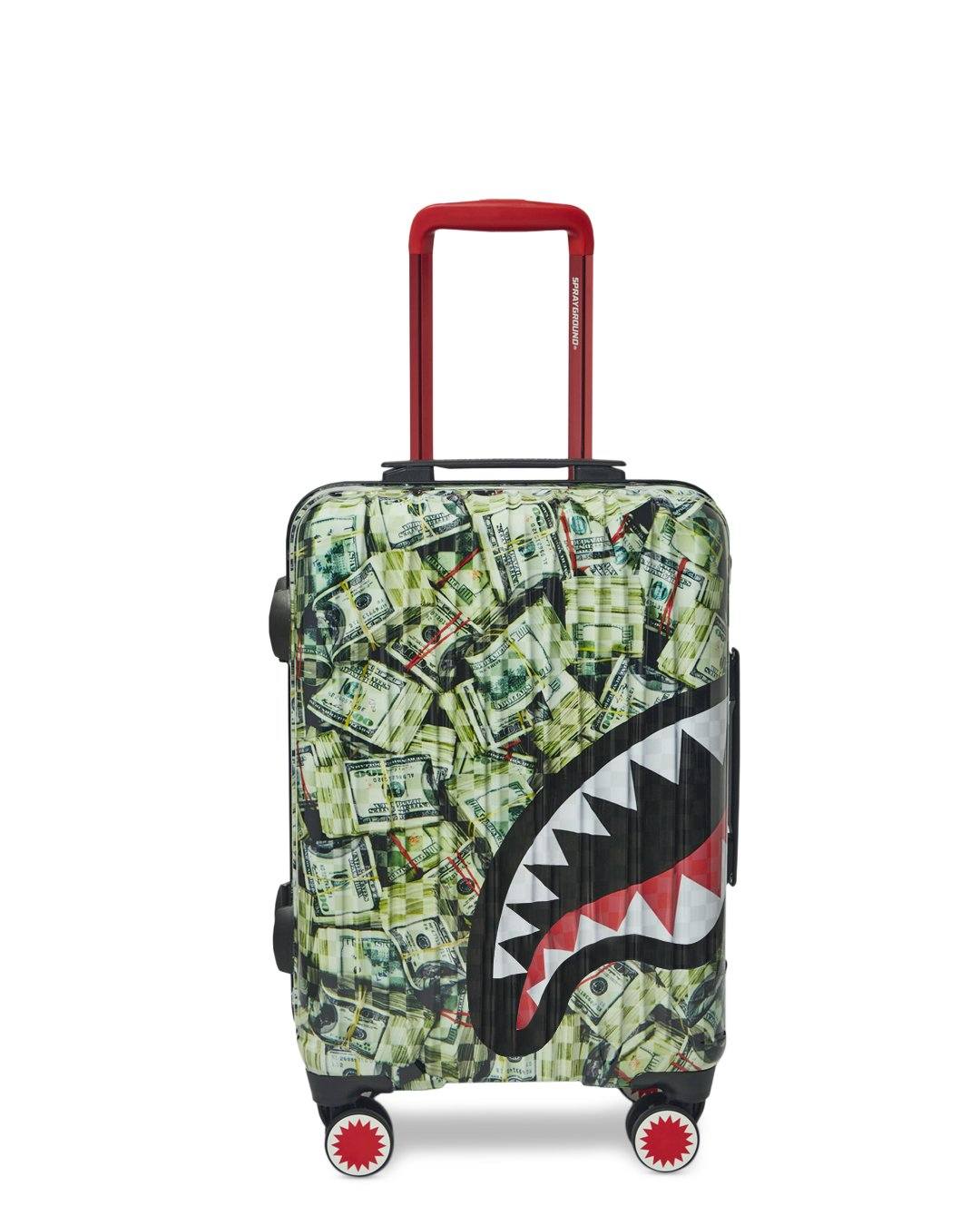 Sharknautics hardshell suitcase open, showing interior compartments and packing straps
