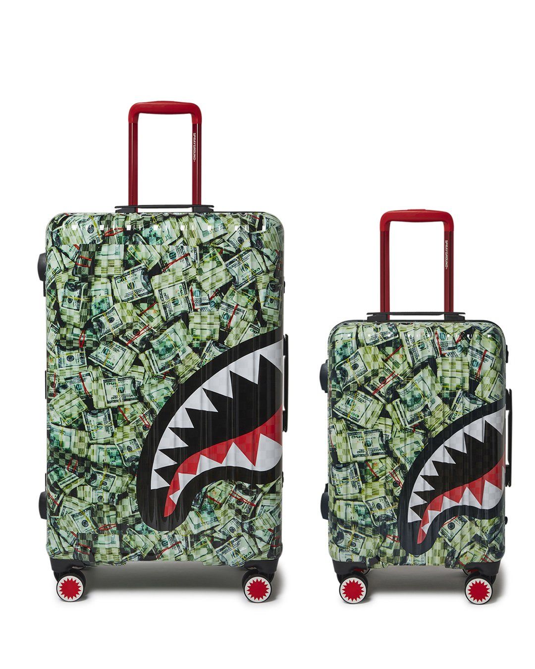 Front view of shark-design carry-on luggage with spinner wheels