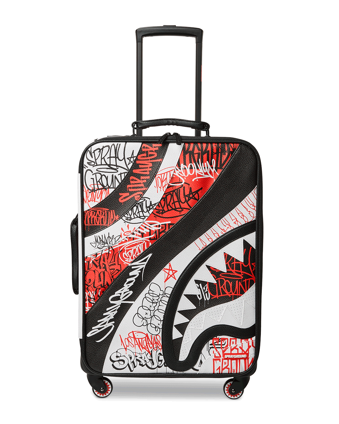 Front view of faux leather carry-on luggage with spinner suitcase wheels in an airport setting