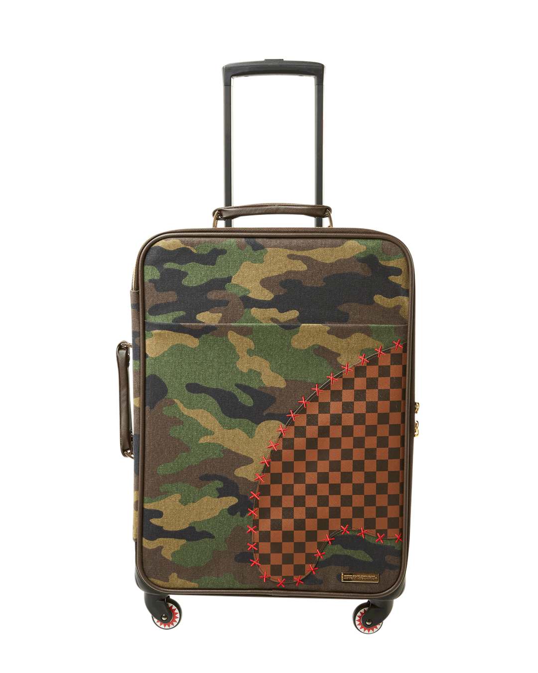 Side view of carry-on luggage showing adjustable telescope handle and faux leather texture