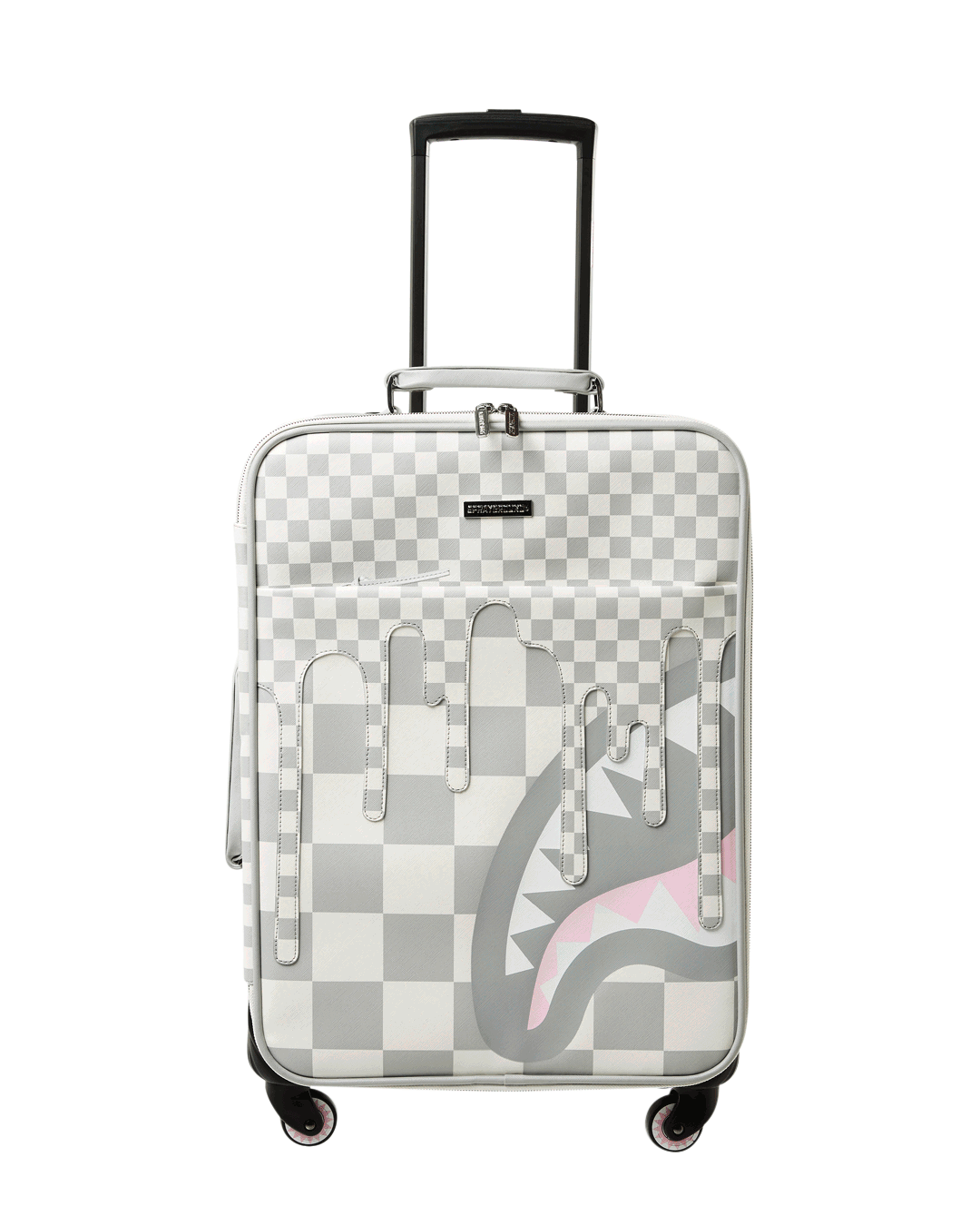 Front view of faux leather carry-on luggage with spinner wheels and adjustable handle