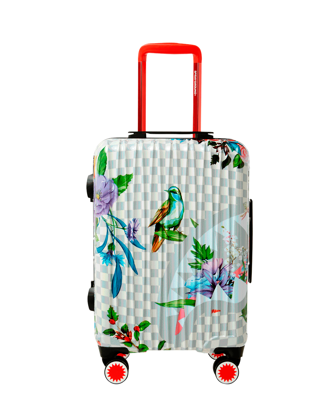 Front view of Sharknautics hard shell carry-on luggage showcasing the unique design.