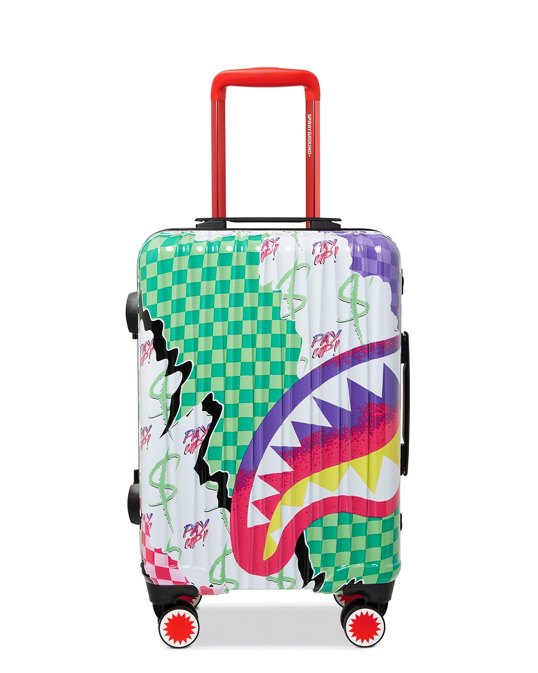 Side view of Dreamy Technicolor Sharknautics hardshell carry-on luggage showing spinner wheels