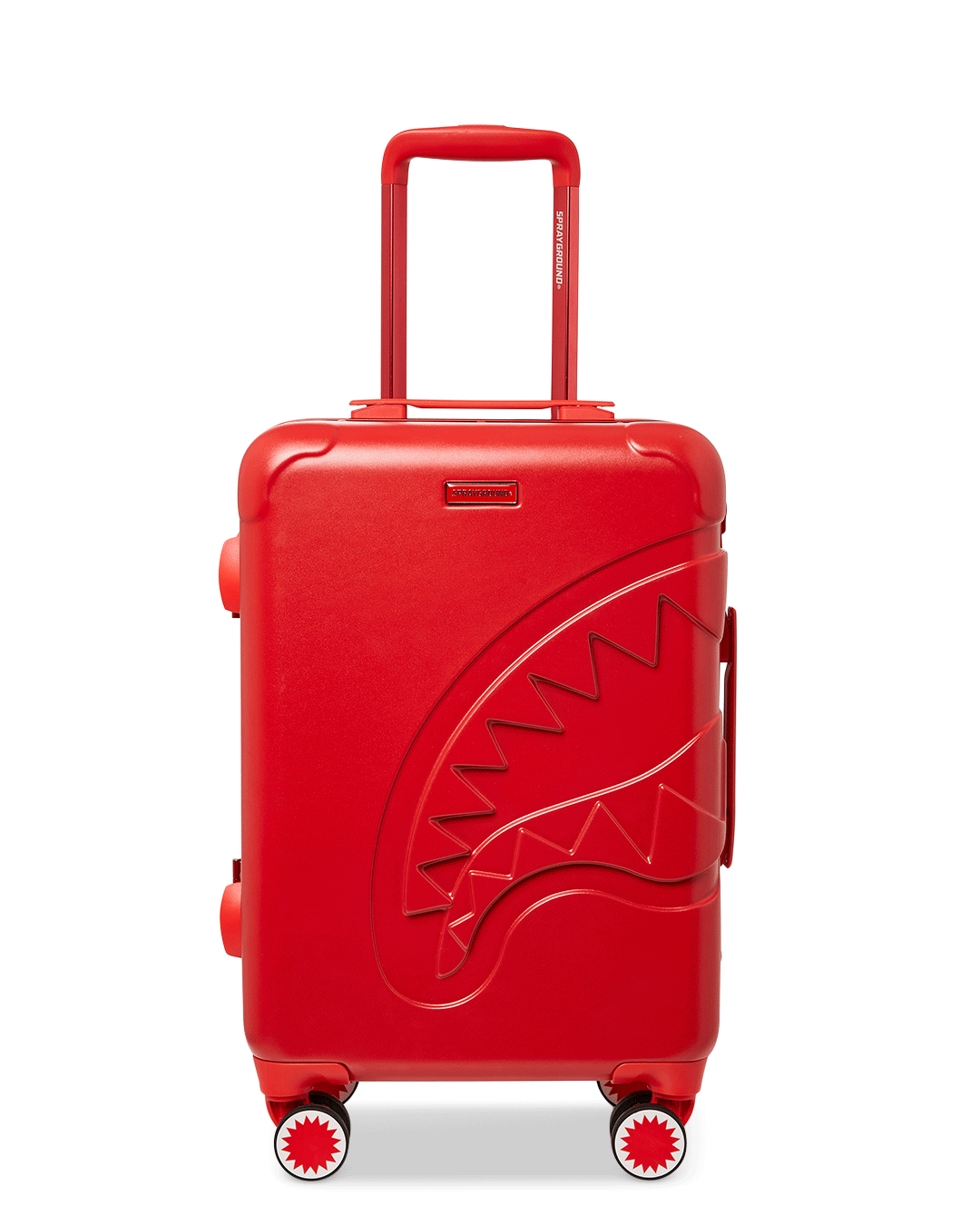 Sharkitect red luggage open, showing organized interior compartments and mesh pockets.