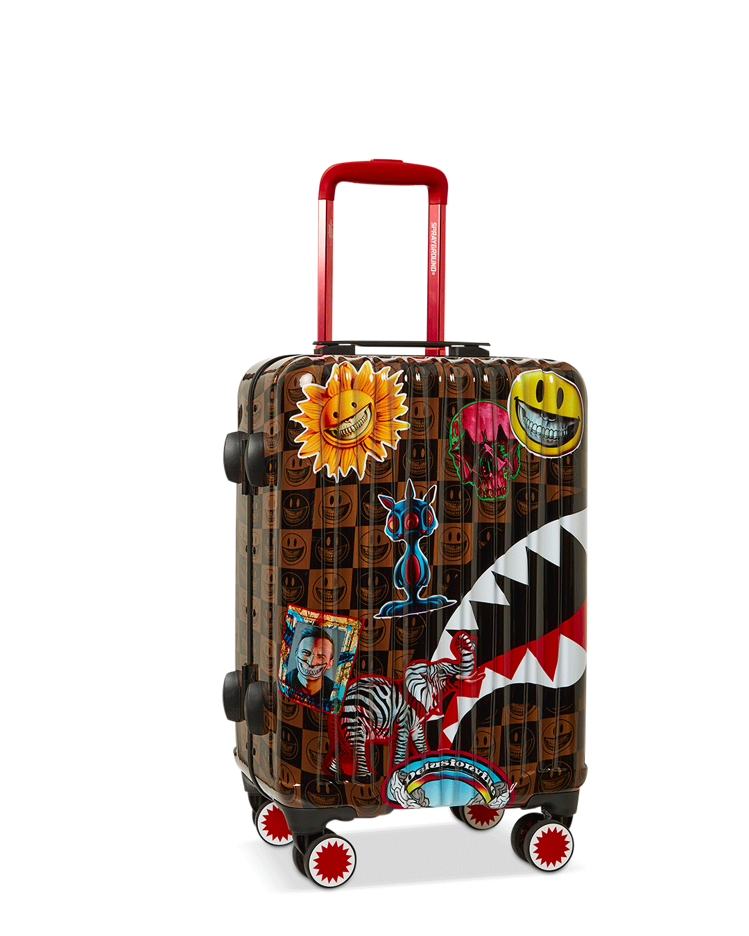 Front view of Ron English hard shell carry-on luggage with shark sculpture design.