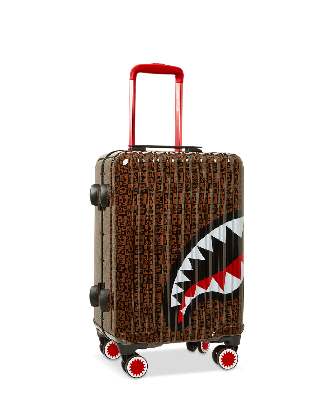 Front view of Frenzy Sharks hard shell carry-on luggage with spinner wheels.