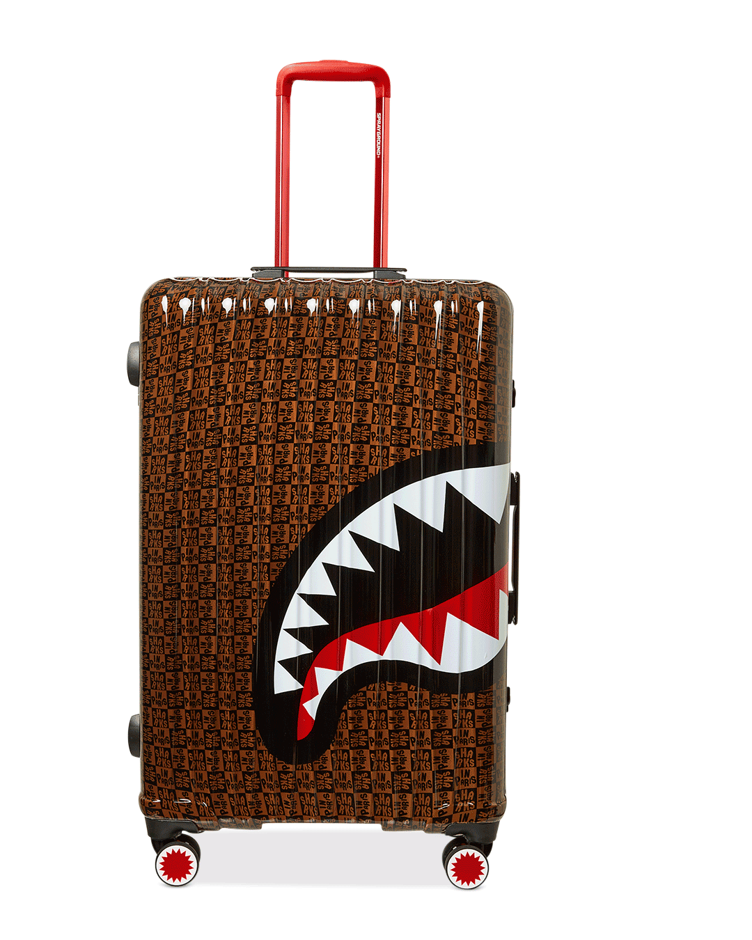 SharkNautics hard shell carry-on suitcase in open position, showing interior organization