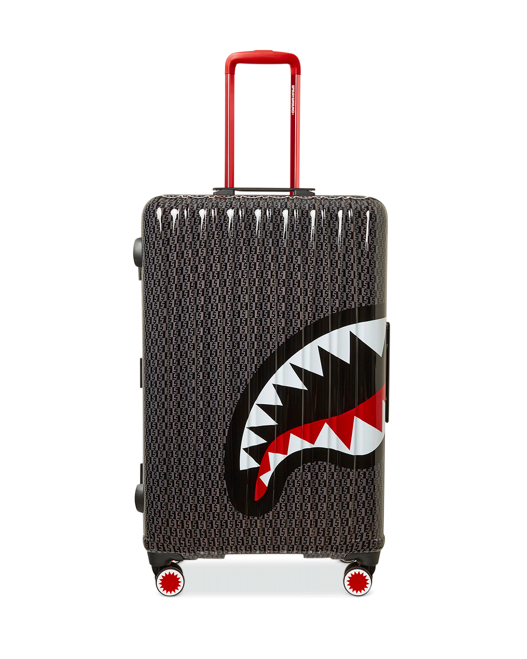 Front view of SprayGatti Revv Sharknautics hardshell luggage with shark sculpture design