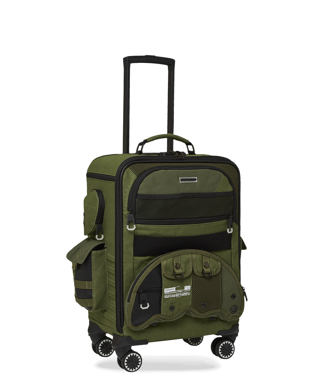 Front view of jetsetter luggage featuring shark-shaped cargo pockets and embossed logo
