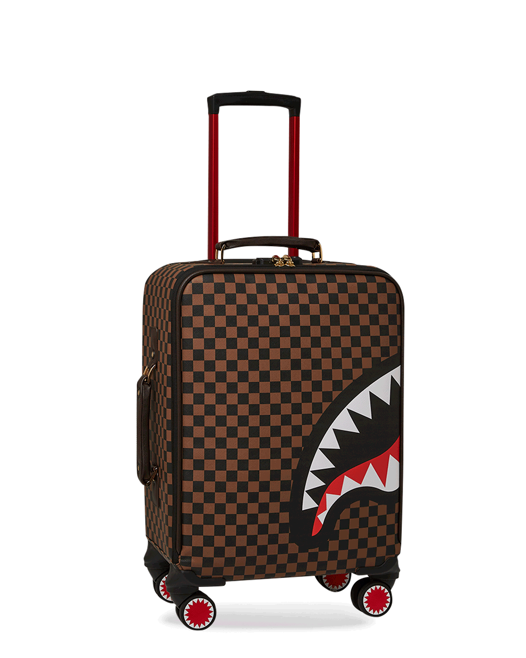 Front view of Jetsetter faux leather spinner suitcase in a travel setting.