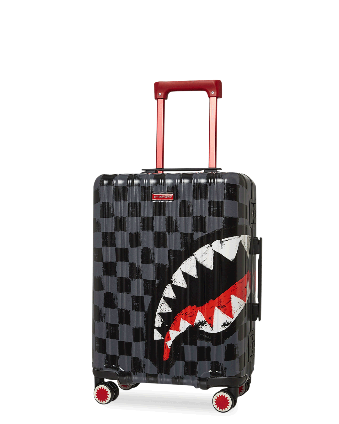Front view of Sharknautics hardshell carry-on luggage with wheels