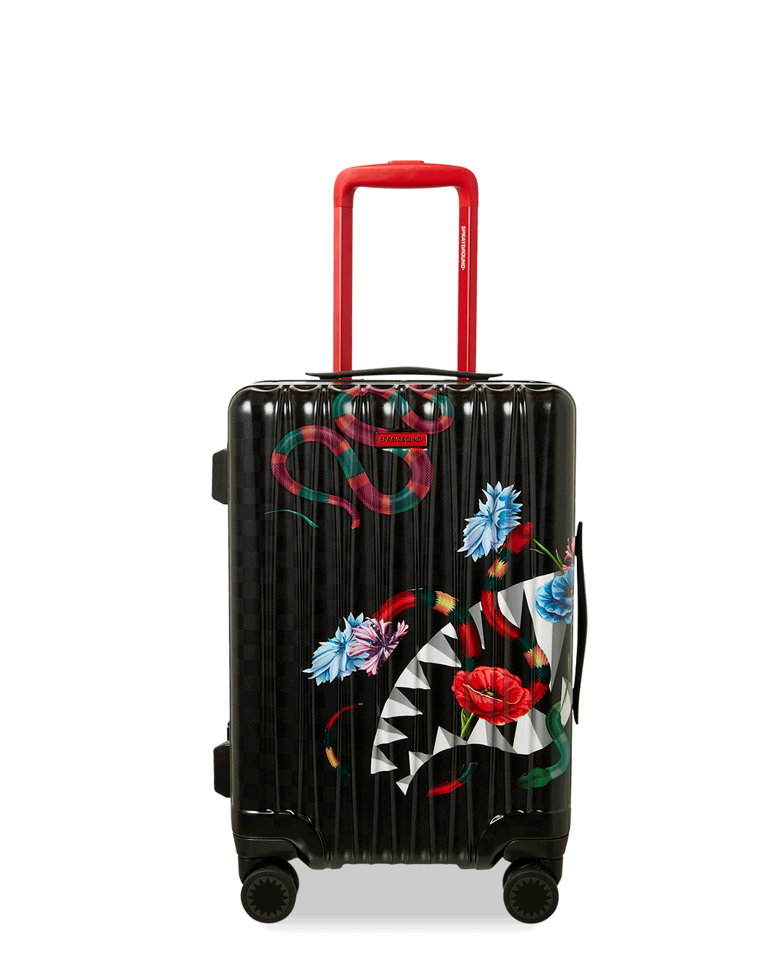 Front view of Sprayground carry-on luggage showing shark-textured hardshell design