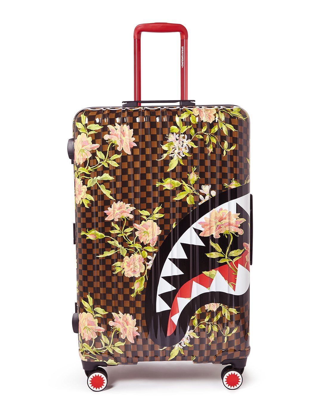 SHARKFLOWER polycarbonate luggage set in airport setting with TSA lock visible