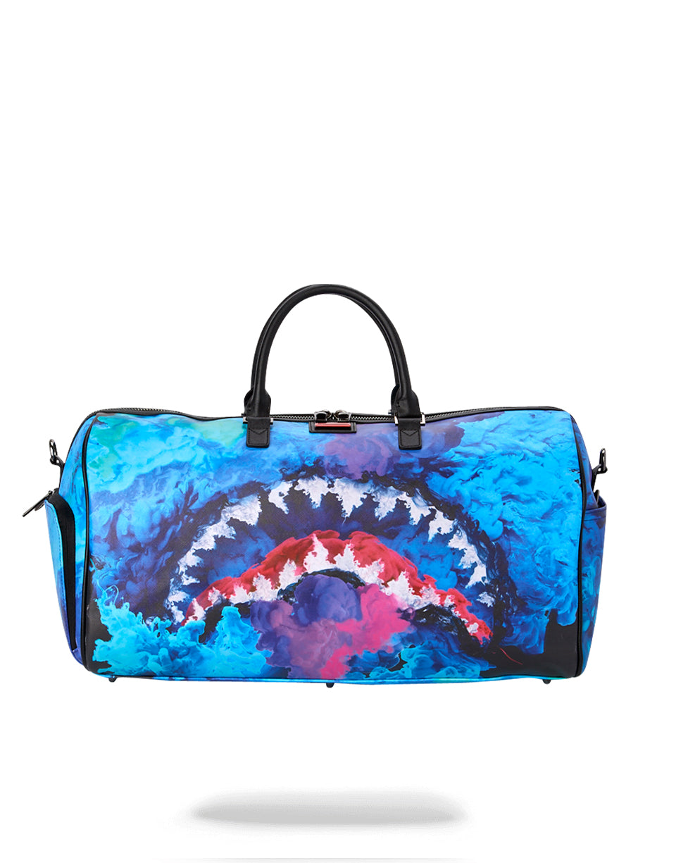 Vibrant vegan leather travel duffle showcasing double zippered top and side sneaker storage.