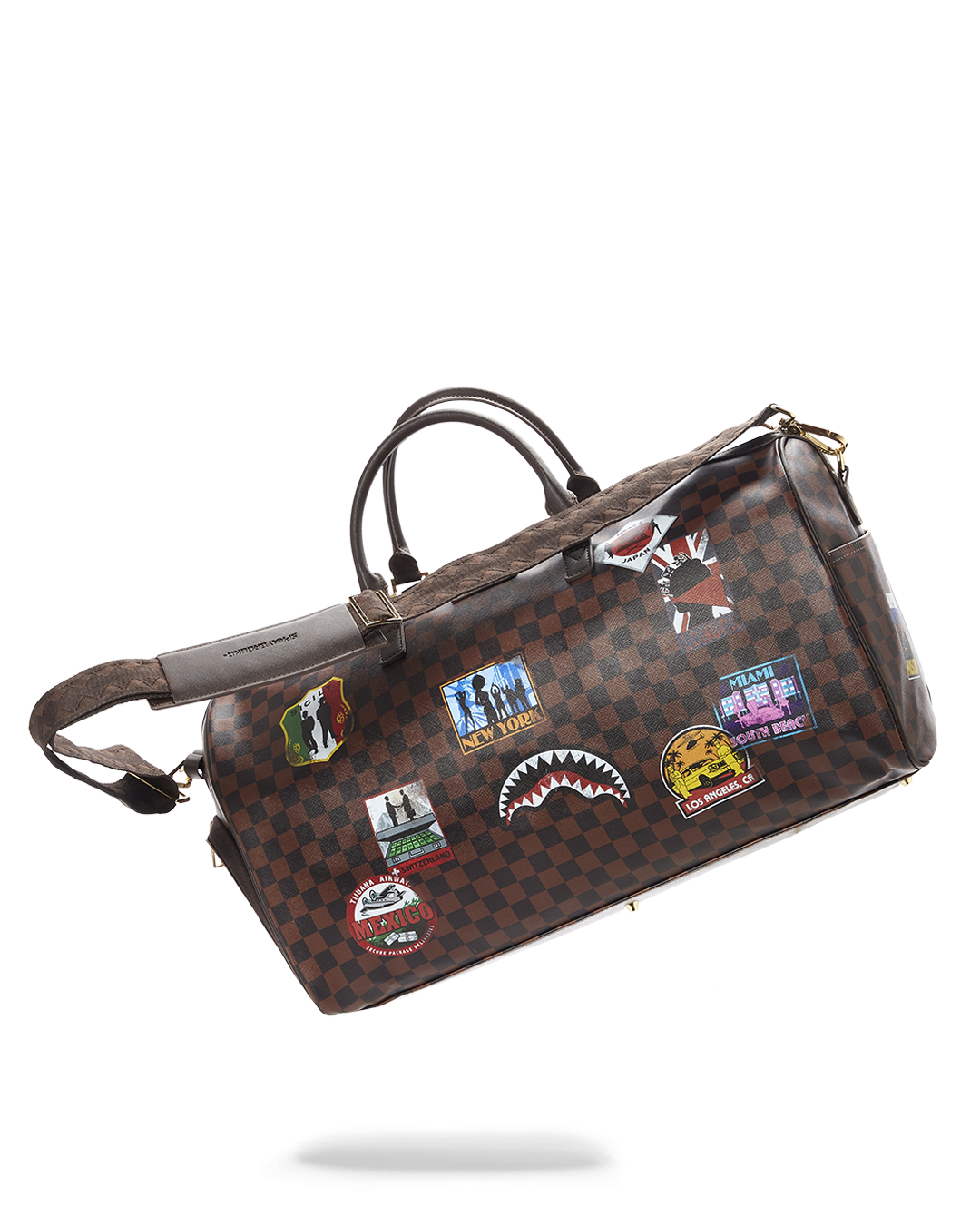 Front view of the Global Mogul Emperor Duffle highlighting water-resistant vegan leather and patch designs