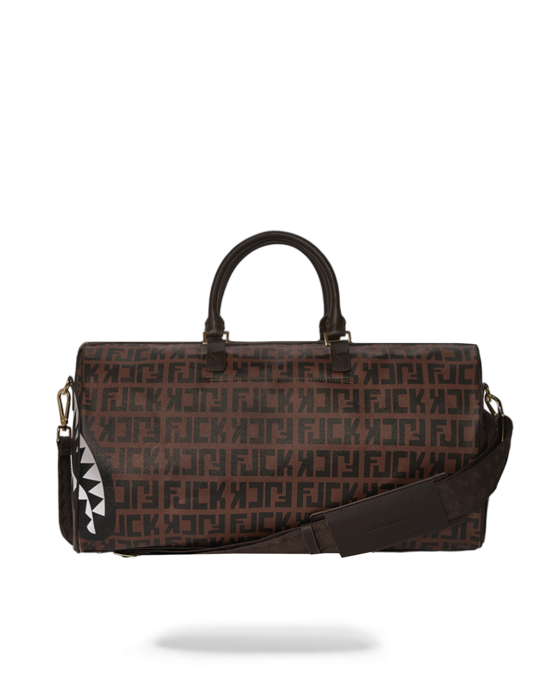 Vegan leather duffle bag with metal zippers and adjustable straps, shown from the front