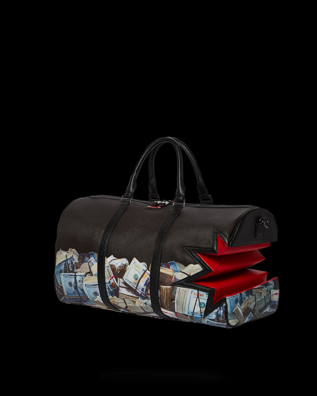 Harkbite Premium Duffle Bag with adjustable straps and gold zippers.