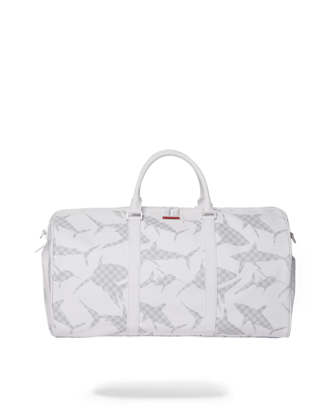 Front view of the Shark Check white duffle bag with adjustable straps.