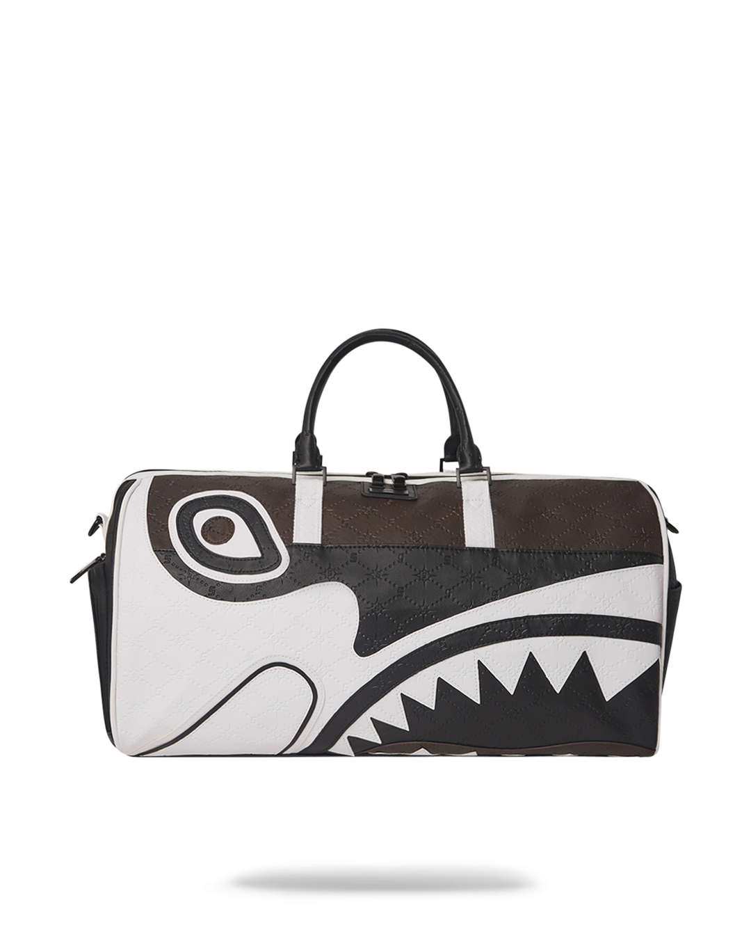 Front view of vegan leather duffle bag with gold zippers and adjustable straps