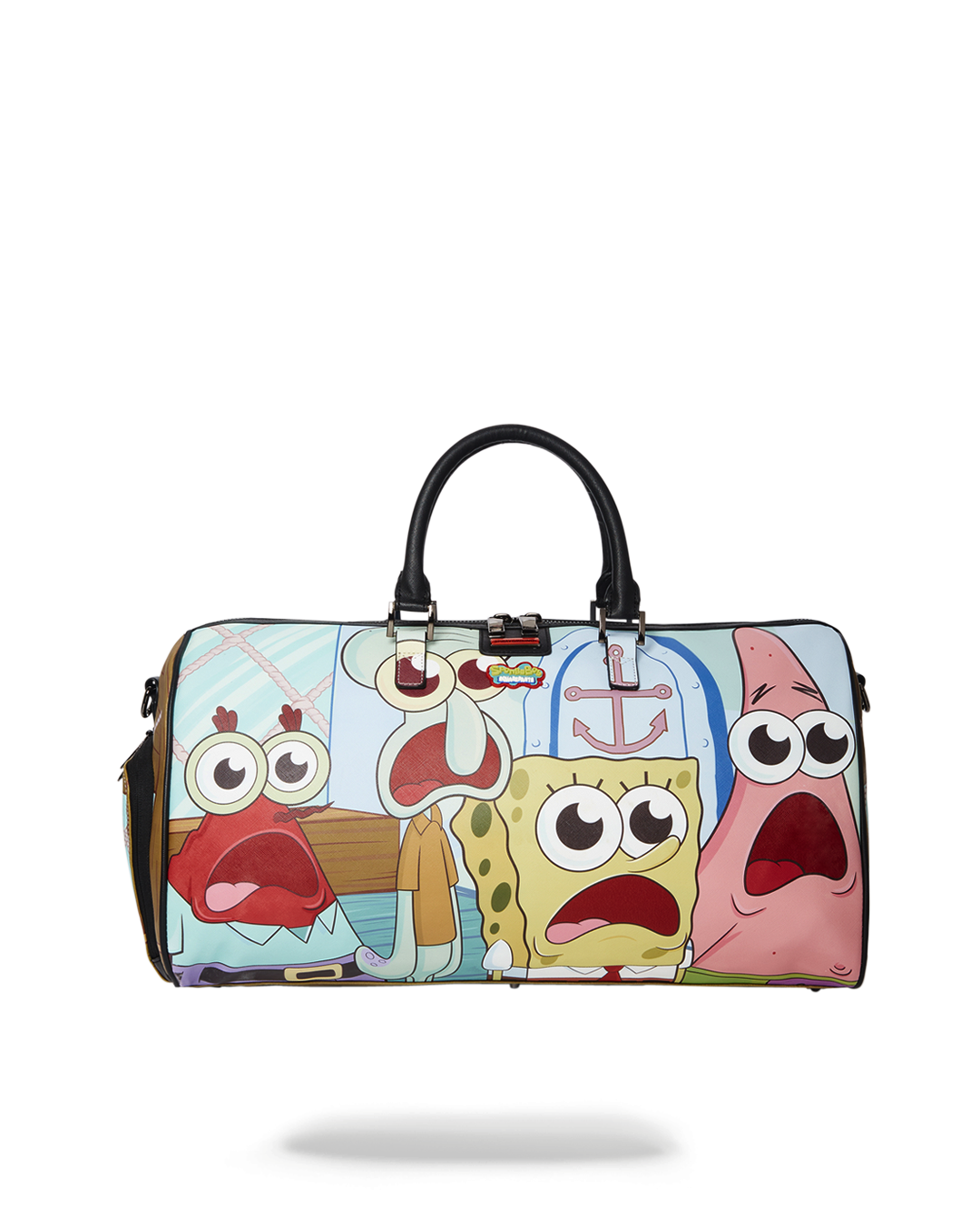 Front view of the SpongeBob Shark Crew duffle bag with adjustable straps.