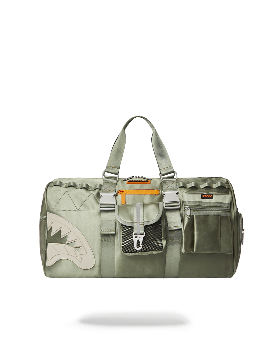 Close-up of the military duffle bag with wheels showing adjustable straps.