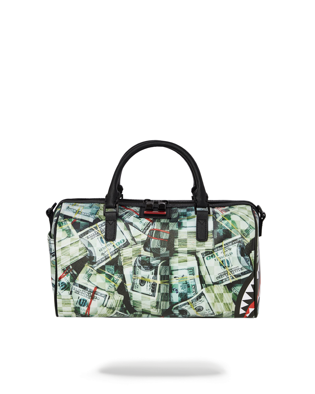 Front view of the vegan leather mini duffle bag showcasing its zippered pocket.