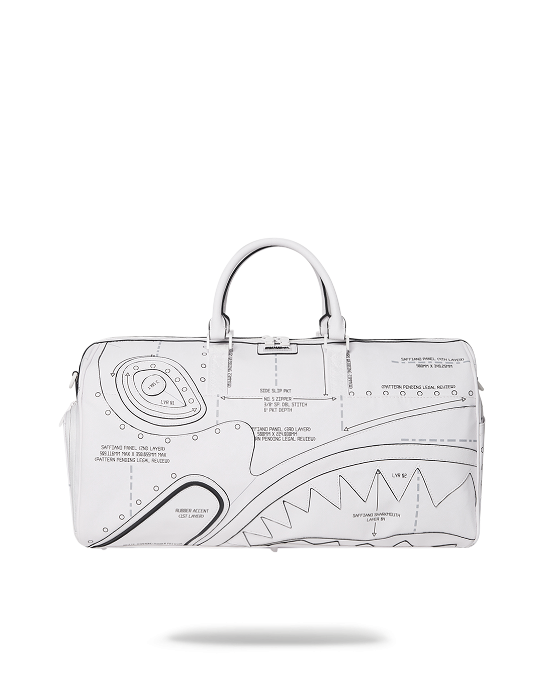 Black Shark duffle bag with wheels, displayed open to show interior pockets