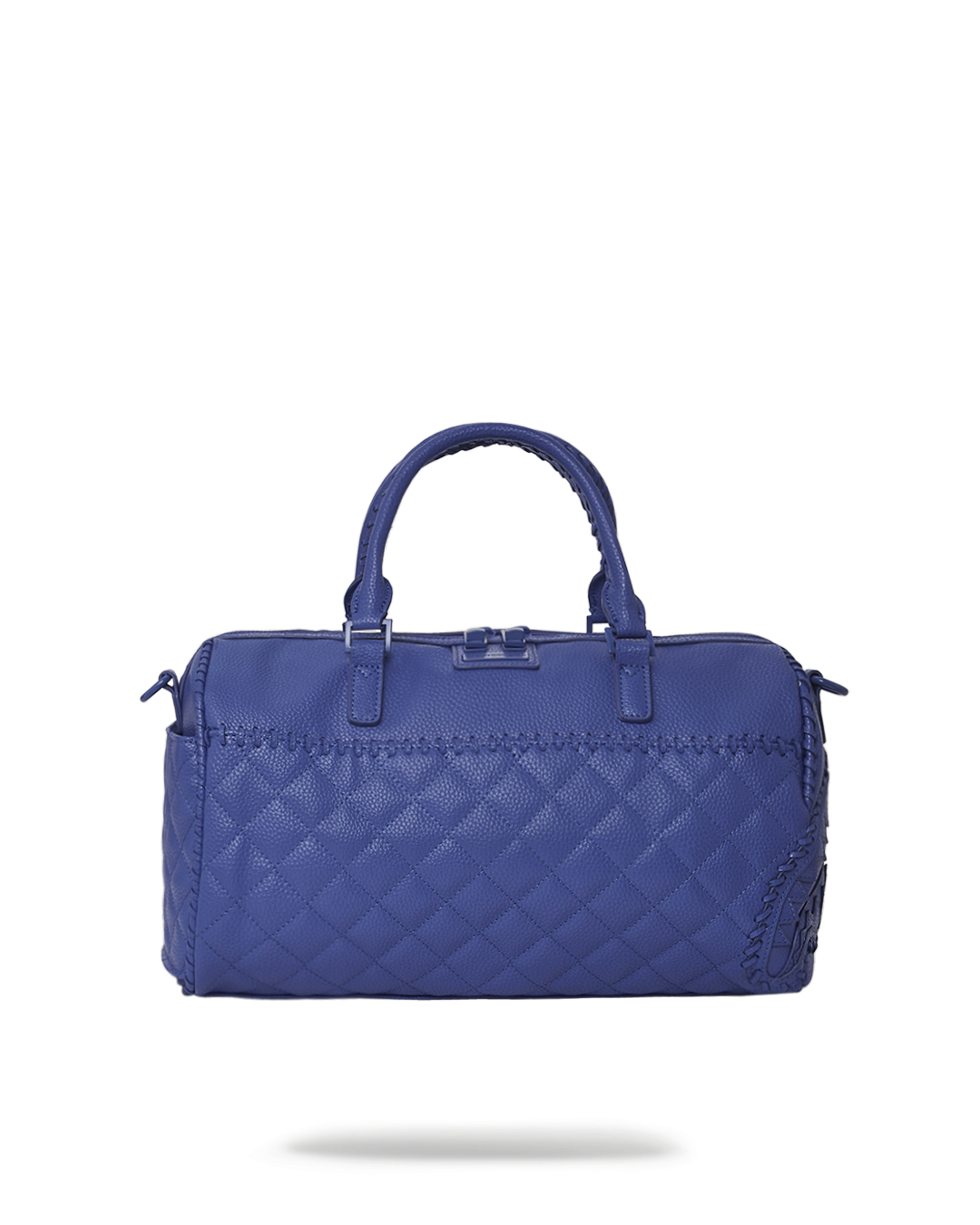 Riviera mini duffle bag held by handle, showcasing quilted stitching and side pocket.