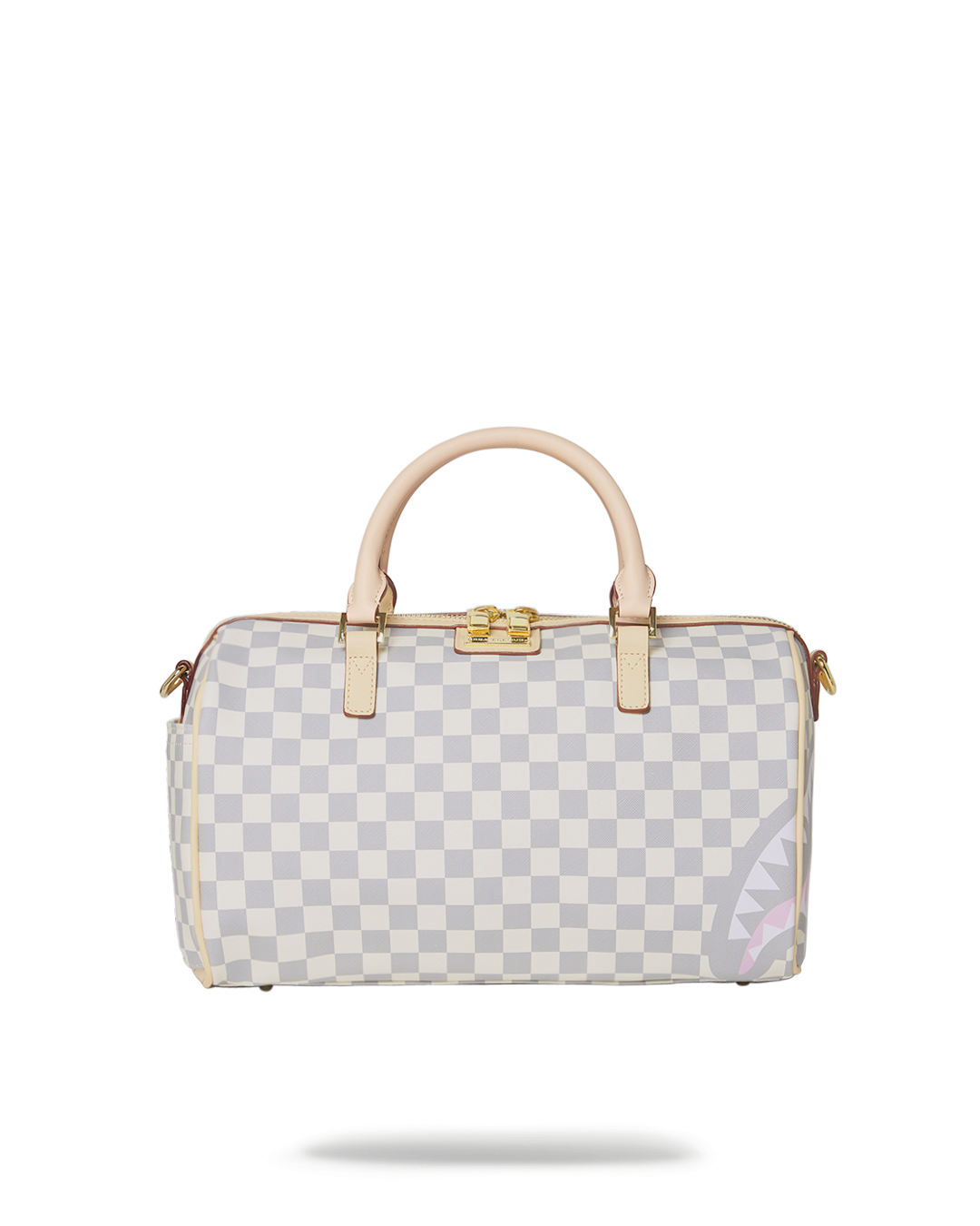 Rose gold vegan leather mini duffle bag with zippered pockets and adjustable strap