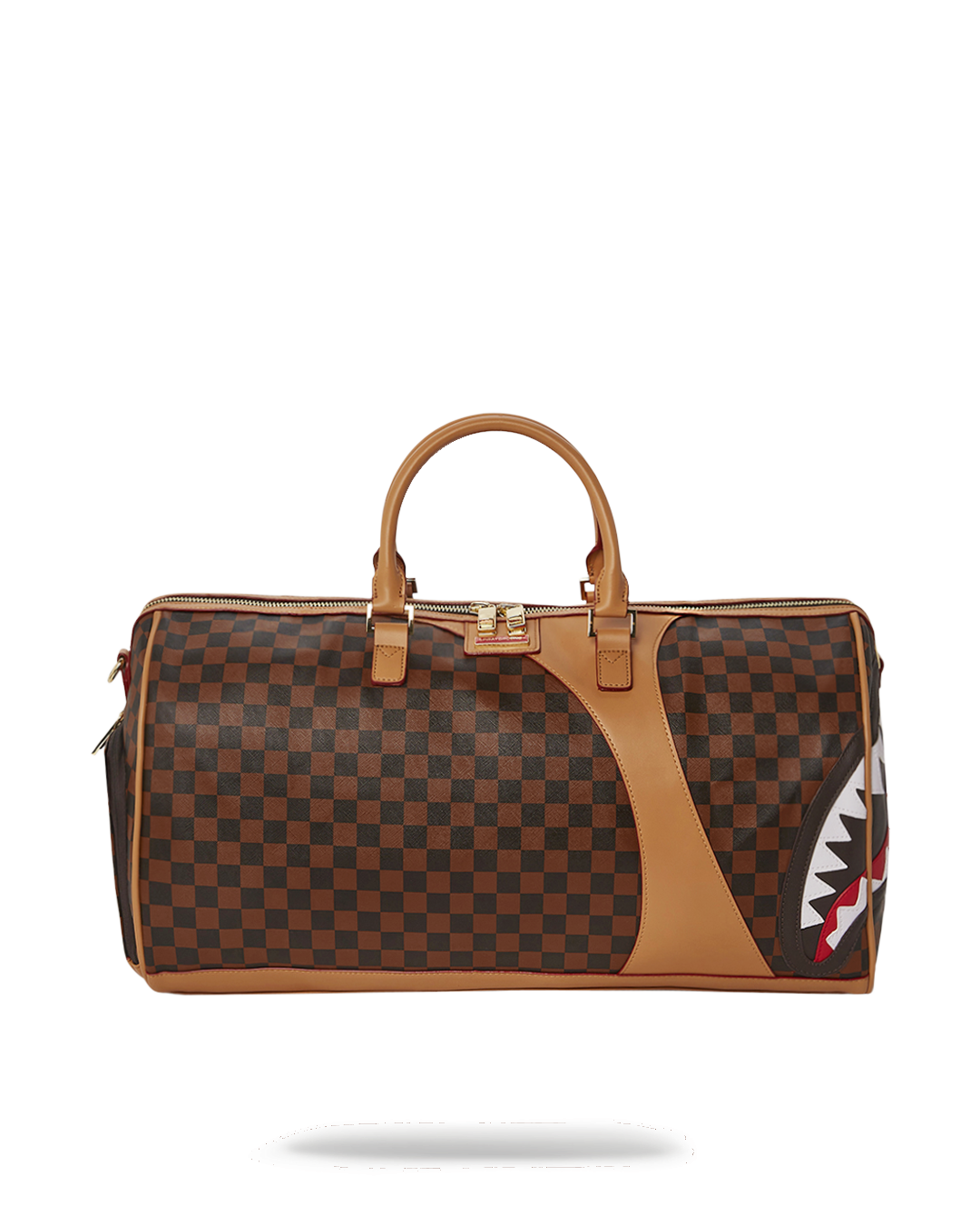 Vegan leather duffle bag with gold zippers and water-resistant fabric, front view