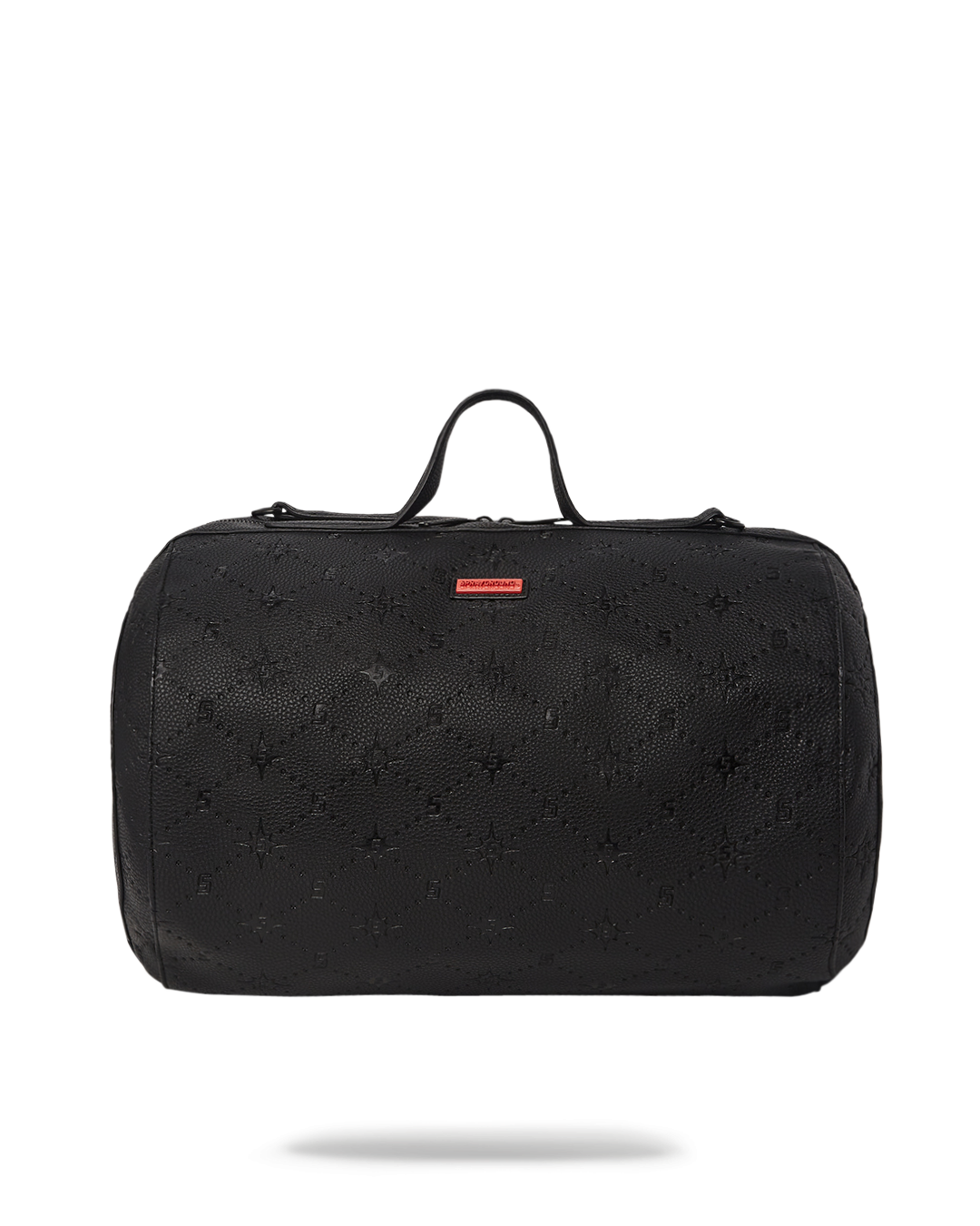 Front view of the vegan leather duffle bag showing embossed texture and zippered compartments.