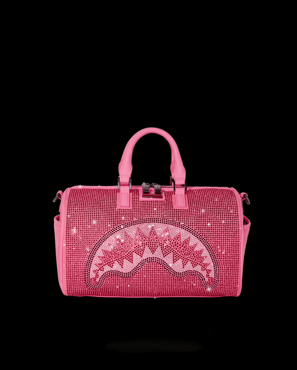 Front view of vegan leather mini duffle bag with crystal embellishments and gold zippers.