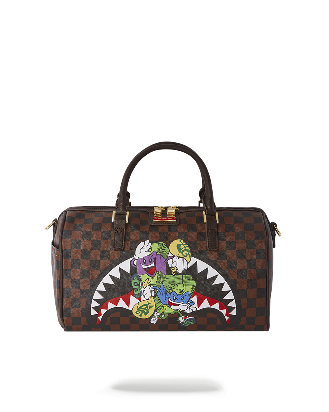 Front view of chic mini duffle bag with adjustable strap.