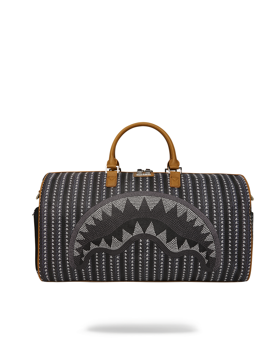 Front view of the ILLUCHEE vegan leather duffle bag with gold zippers.