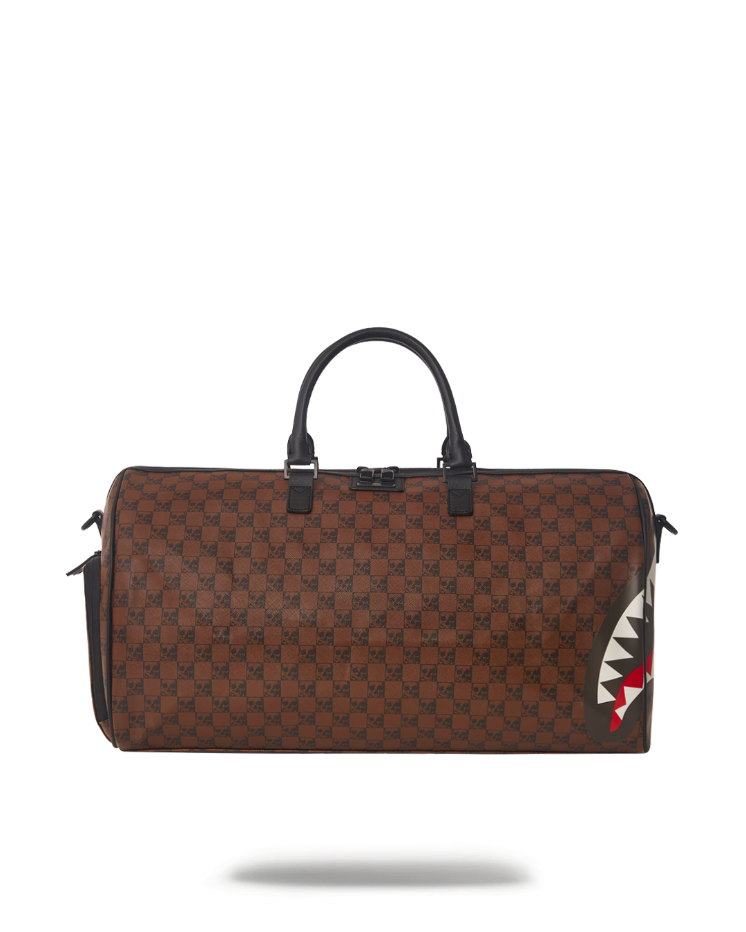 Close-up of the shark and skull design on the duffle bag.
