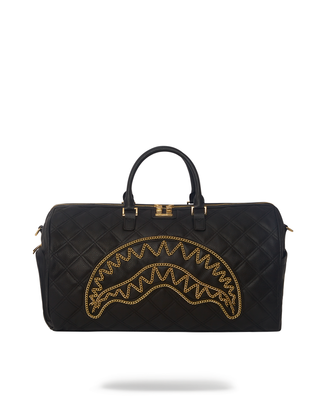 Close-up of quilted diamond stitching and gold chain detailing on duffle bag.