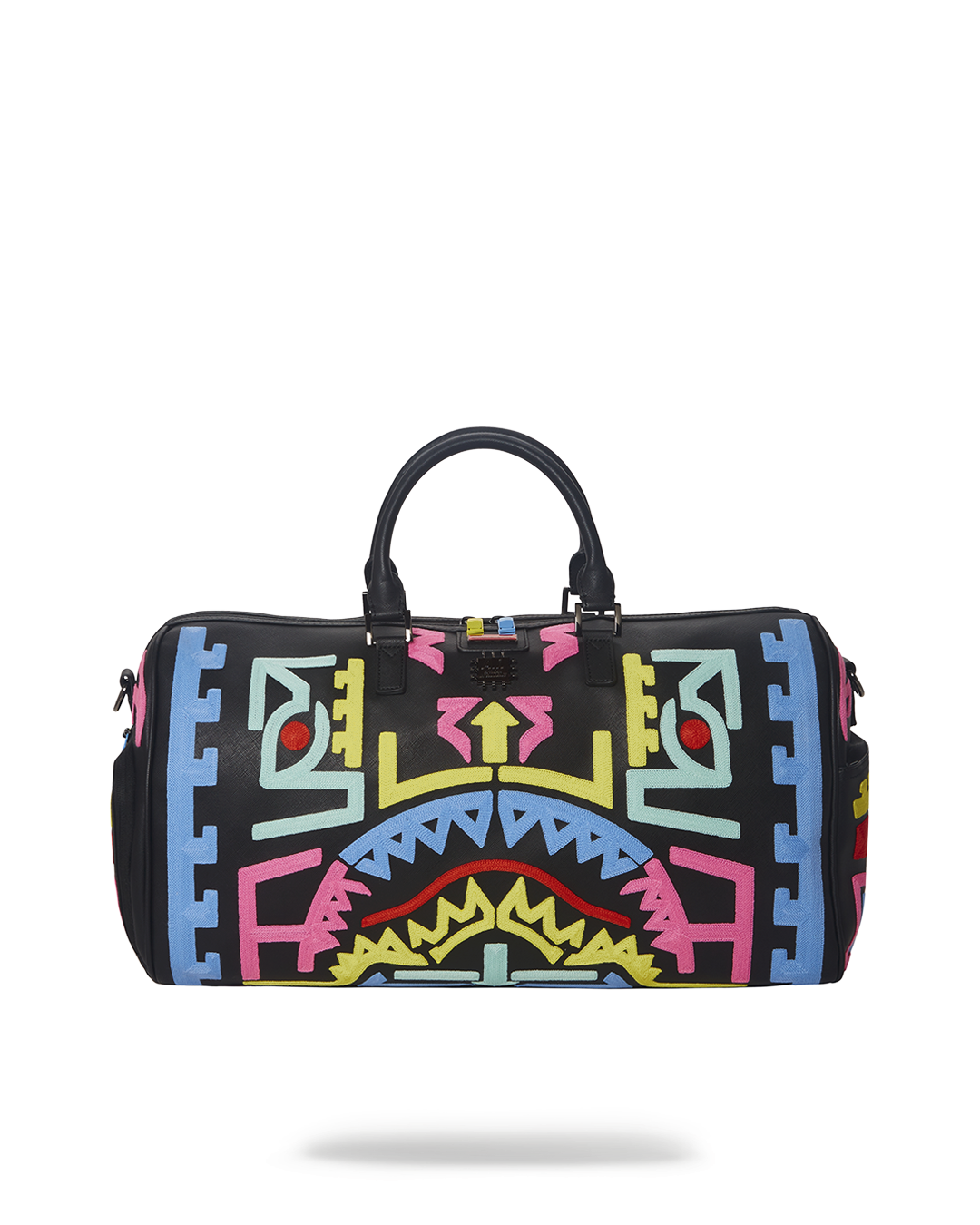 AI designer duffle bag held by adjustable straps, showcasing its spacious interior