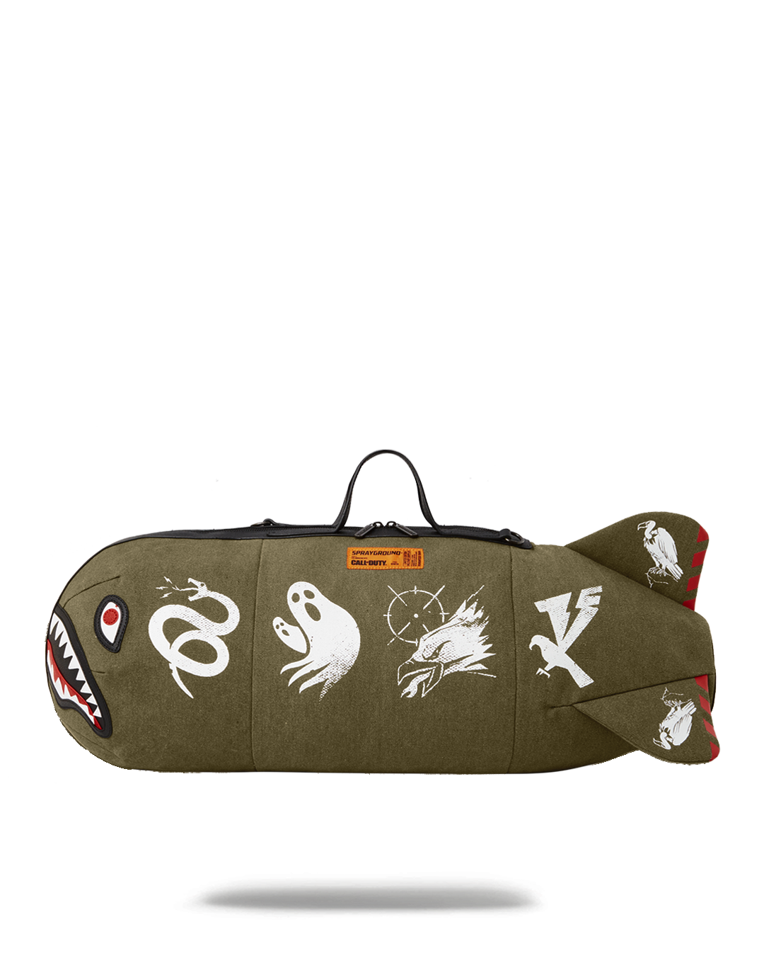 Shark Torpedo Duffle Bag with adjustable strap on a gaming table.
