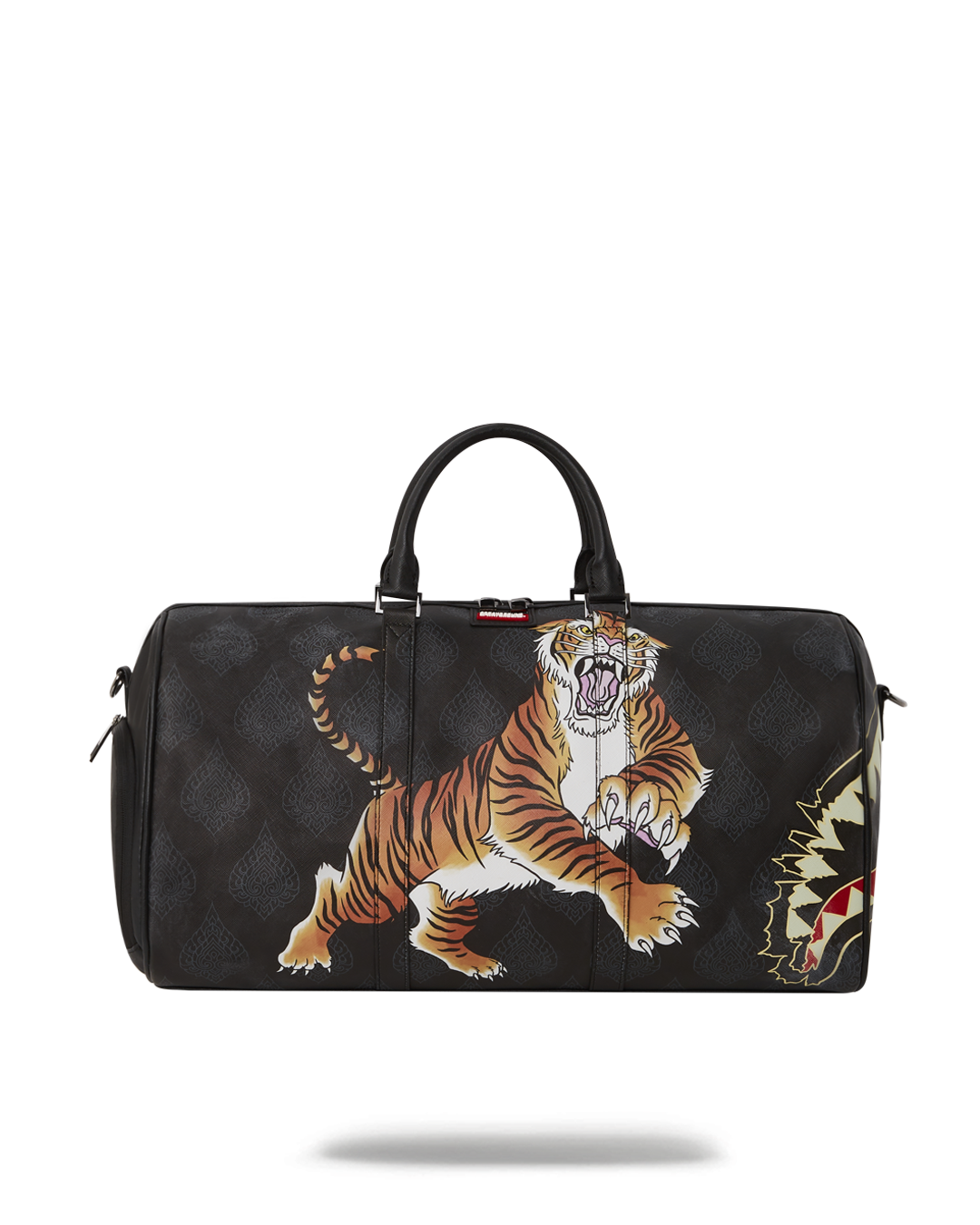 Sprayground duffle bag on gym bench showing sneaker pocket detail