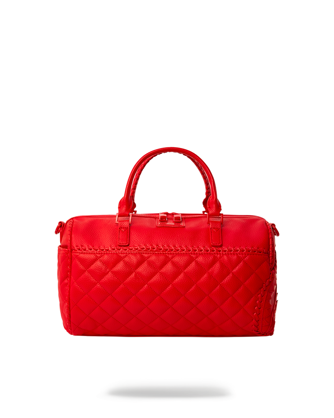 Front view of the red duffle bag showcasing its elegant design.