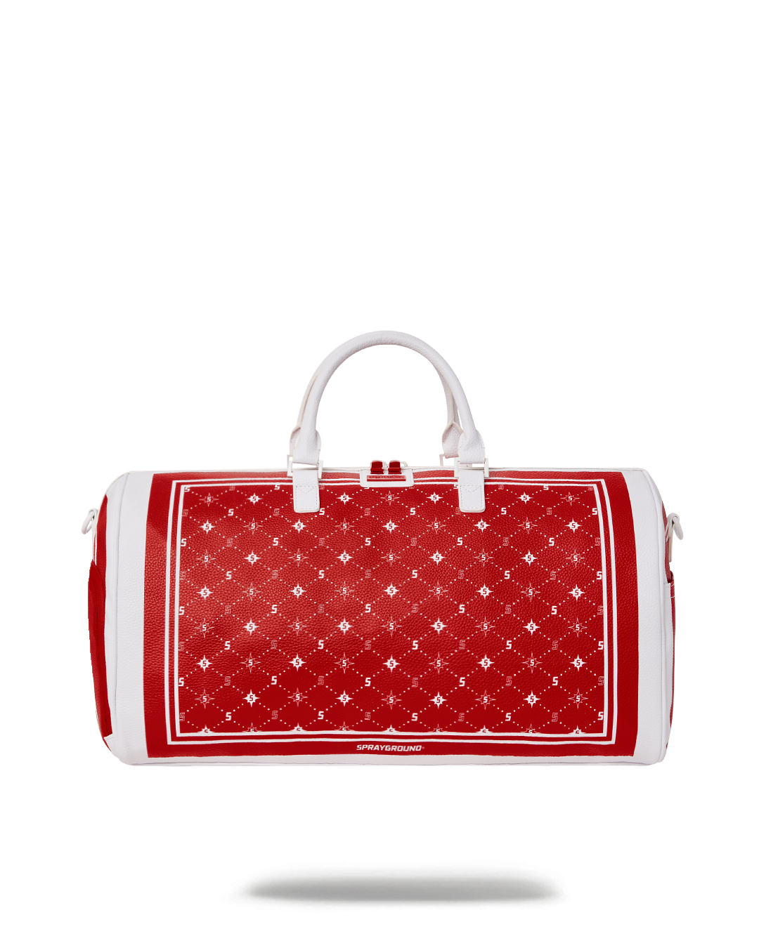 Front view of the faux leather duffle bag with gold zippers, ideal for travel and golf trips