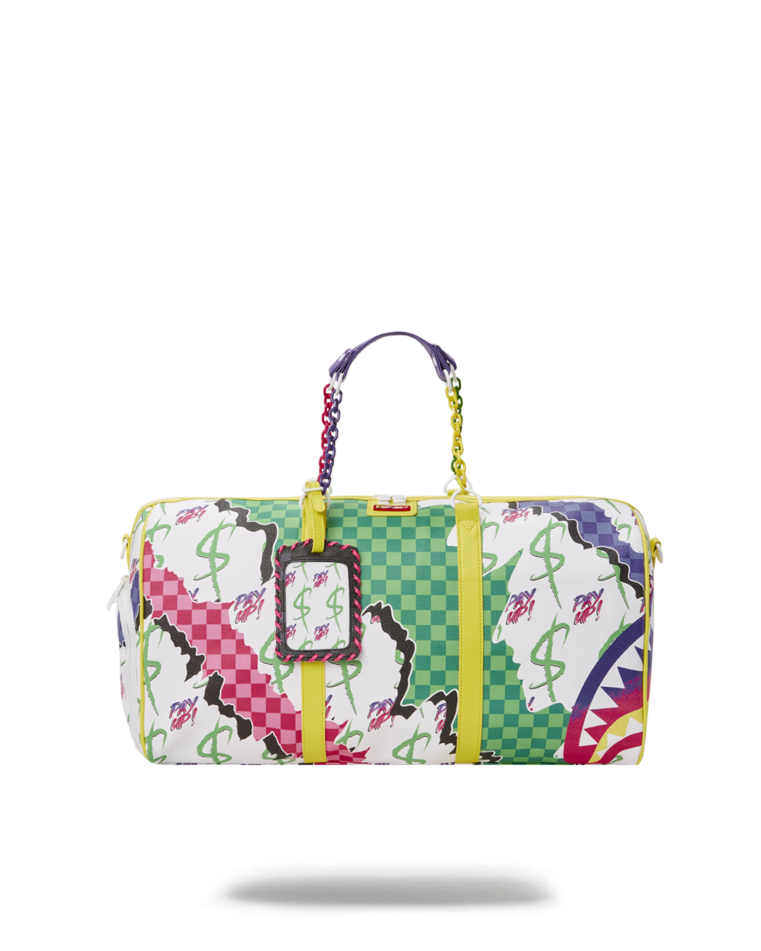 Dreamy Technicolor Rolling Duffle Bag in use, showcasing its faux leather material and adjustable straps.