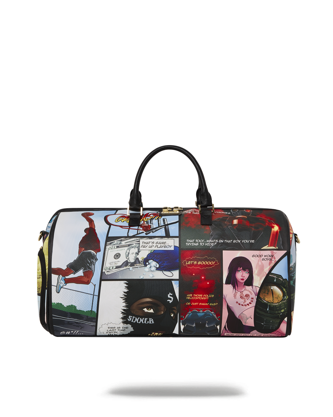 Luxury faux leather travel duffle bag with gold zippers and zippered sneaker pocket, ideal for golf enthusiasts.