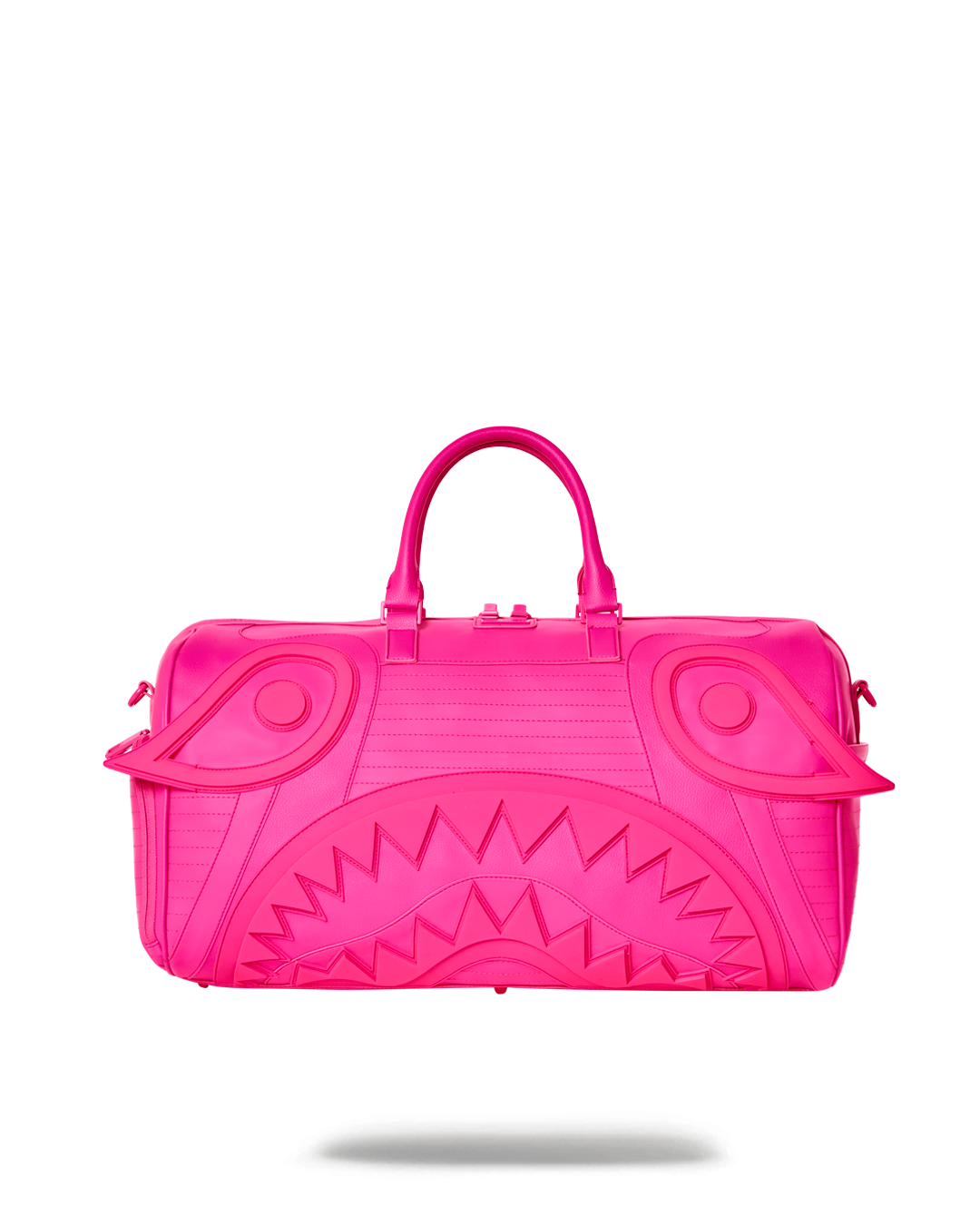 Fluorescent pink rolling duffle bag with faux leather details, front view