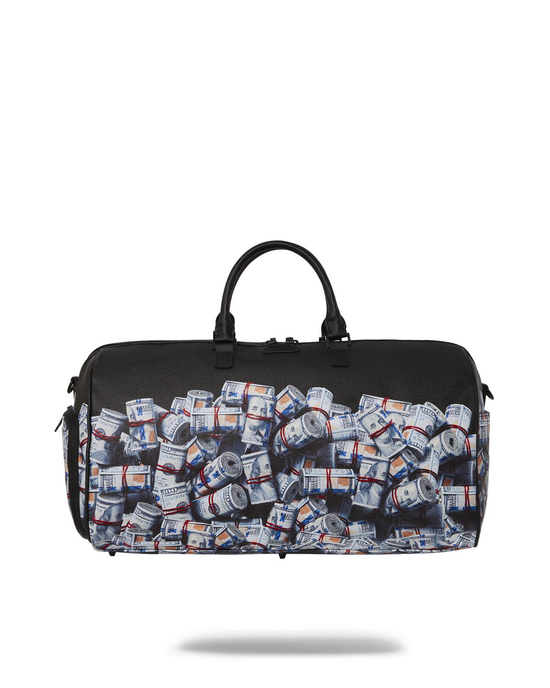 Front view of the leather duffle bag showing zippered pockets and gold hardware