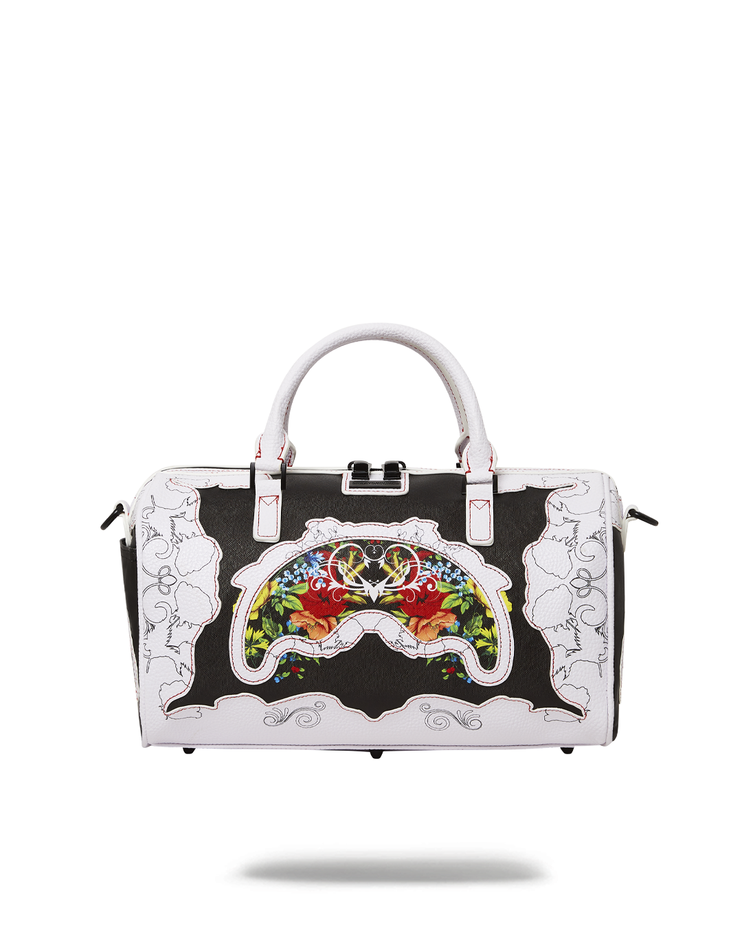 Angled front view of floral duffle bag faux leather on a bench