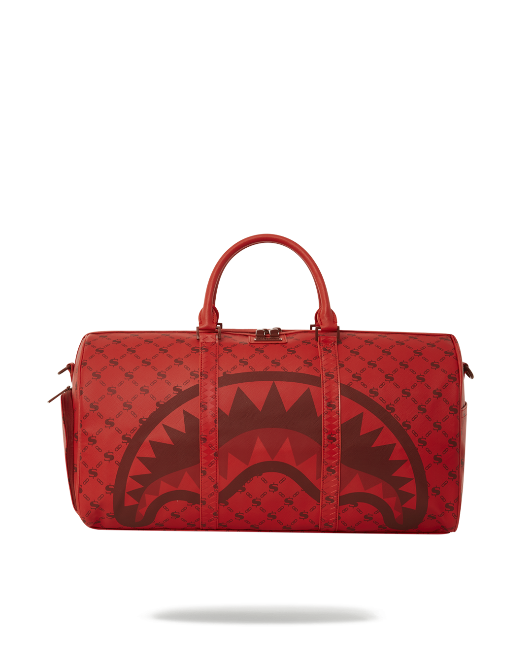 Vegan leather duffle bag with money pattern brick design, featuring metal zipper pocket and adjustable straps.