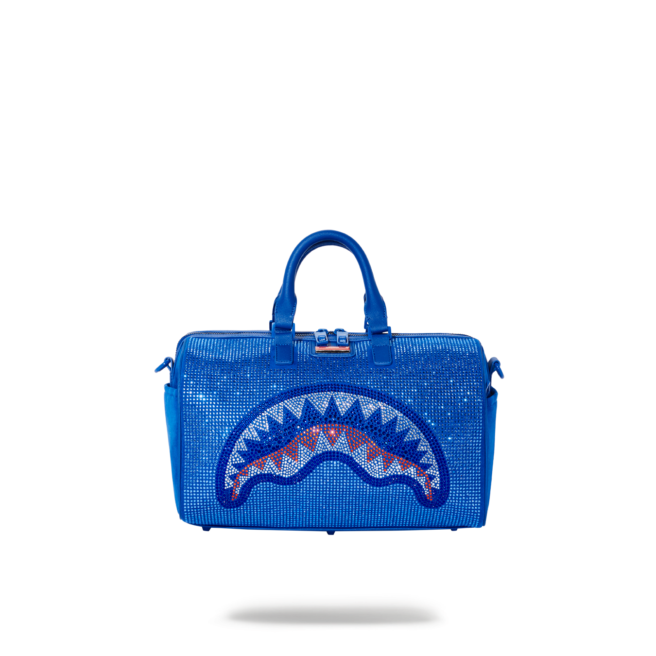 Ocean Breeze mini duffle bag with crystal embellishment, showcasing its vegan leather material and gold zippers.