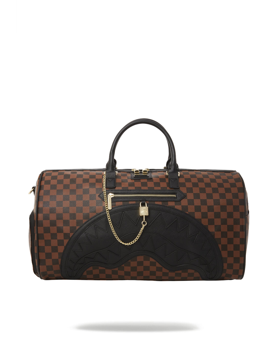 Shark Lock Paris duffle bag on a luggage rack, showcasing gold zippers and adjustable straps.