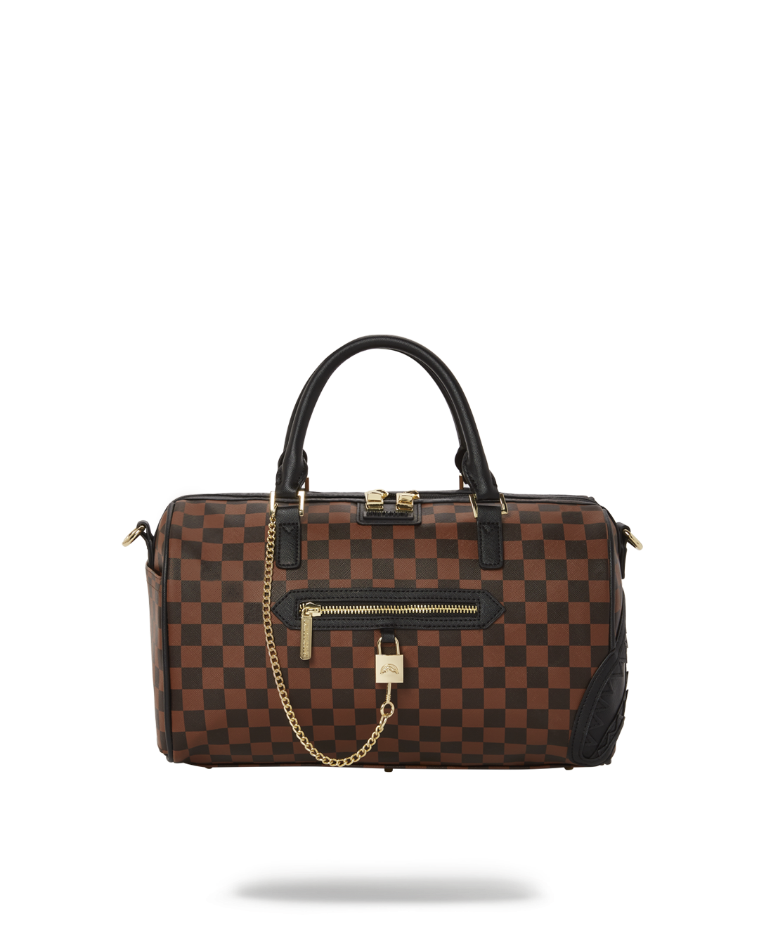 Sharks in Paris mini duffle bag with gold lock, worn crossbody in NYC